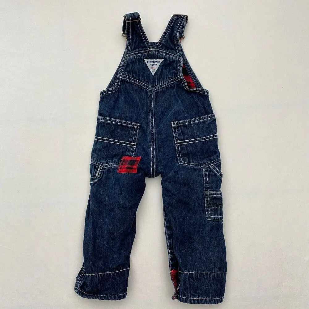 OshKosh B'Gosh Bib Overalls Baby 12 Months Patchwork Denim Moose Flannel
